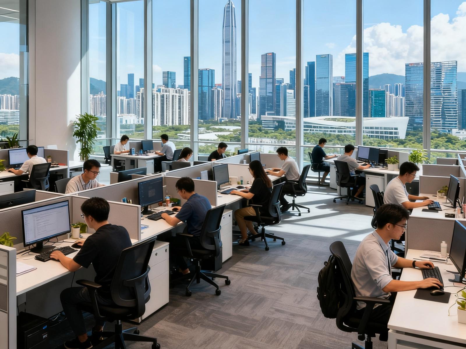 开云体育位于深圳南山科技园的总部办公室内部环境，开放式工位区域约有80多名员工正在工作中，落地窗外可见城市天际线，整体氛围现代明亮