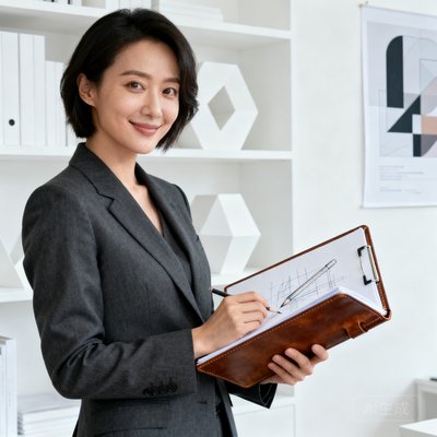 产品设计总监王雨桐的创意工作照，在白色设计工作室中手拿草图本，笑容亲切专业