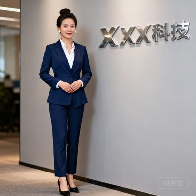 运营总监赵雪梅的商务形象照，身着优雅职业装站在公司logo墙前，气质干练